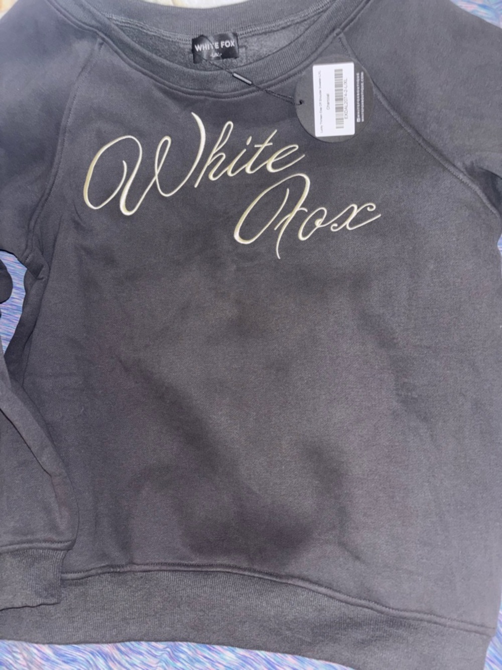 White Fox Boutique Black Crewneck Sweater with Ivory Script Logo